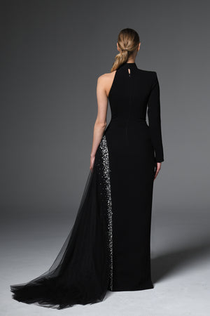 Black asymmetric crêpe dress with crystal embroidery and tulle on the side slit