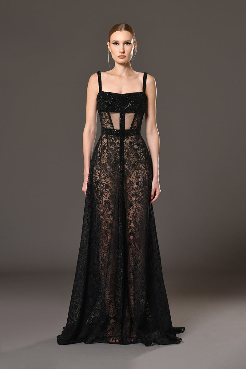 Black lace dress with black crystal chainmail on the bust