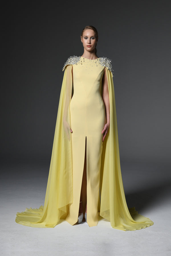 Yellow embroidered crêpe dress featuring chiffon cape