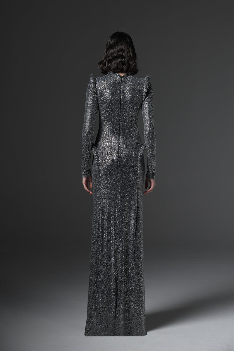 Crystal-studded jersey dress with long sleeves