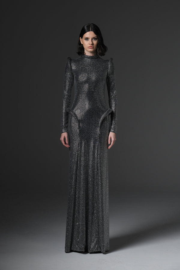 Crystal-studded jersey dress with long sleeves 