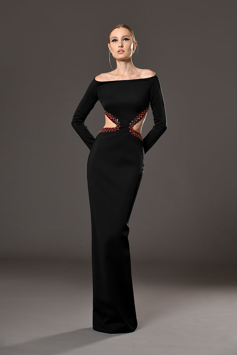 Black Dress with Red Crystal Embroidery