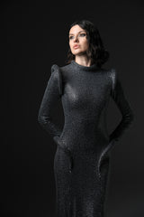 Crystal-studded jersey dress with long sleeves