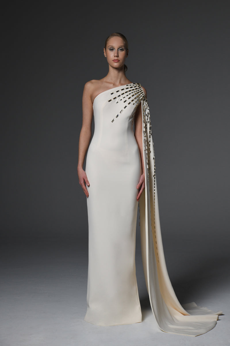 Ivory asymmetric crêpe dress with embroidery