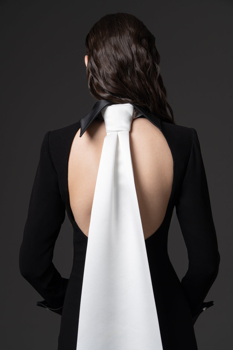 A tuxedo-inspired gown with a radzimir back-tie