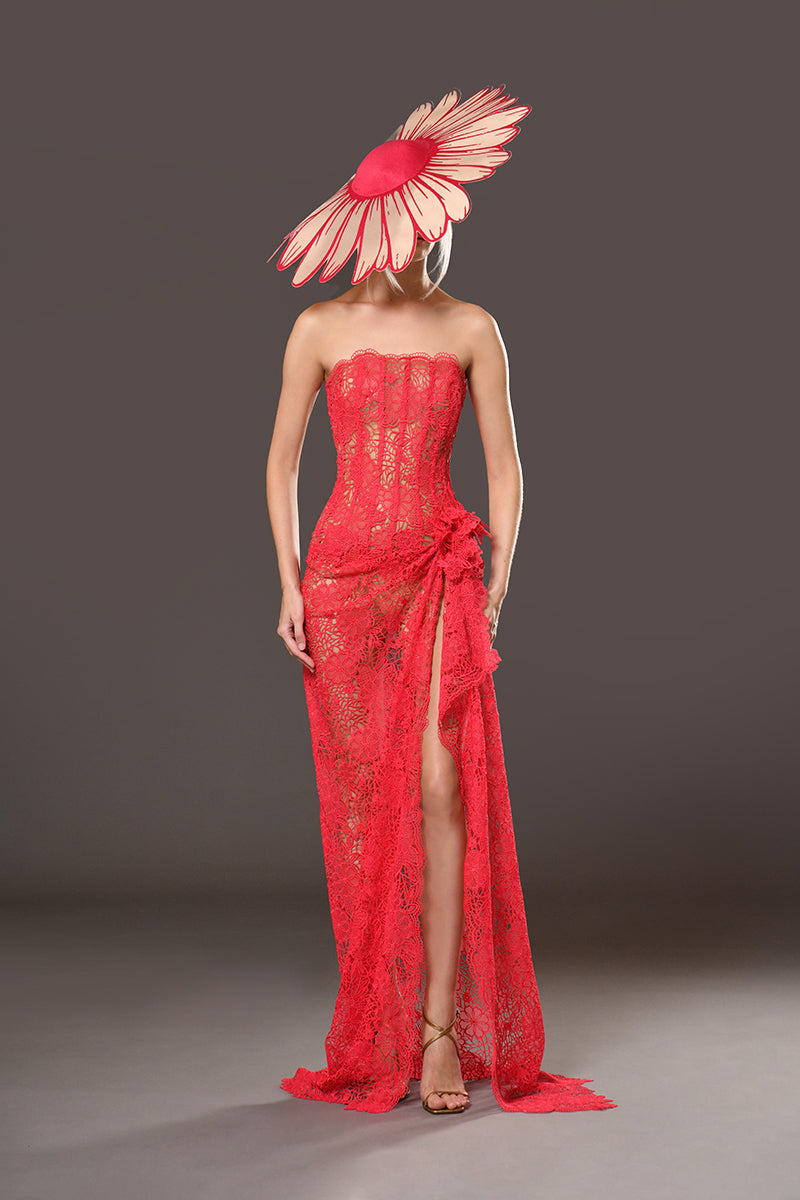 Red corset guipure dress with high slit