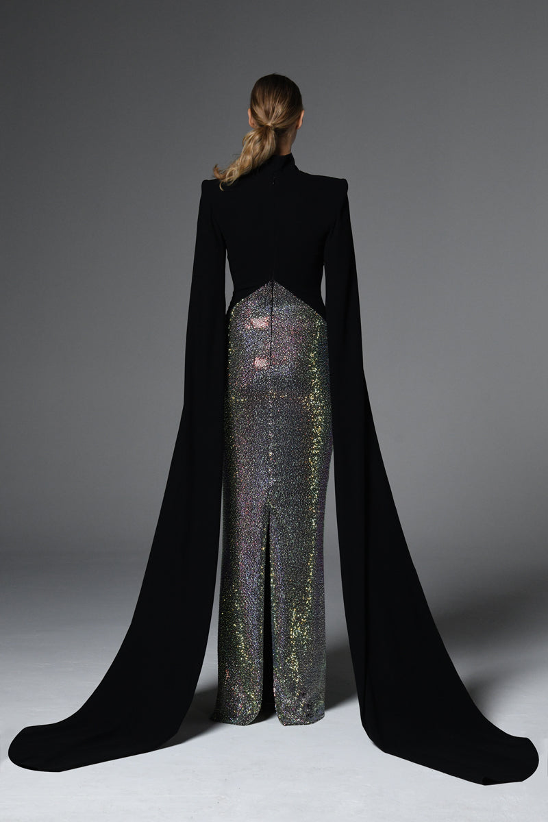 Black crêpe dress with cape sleeves
