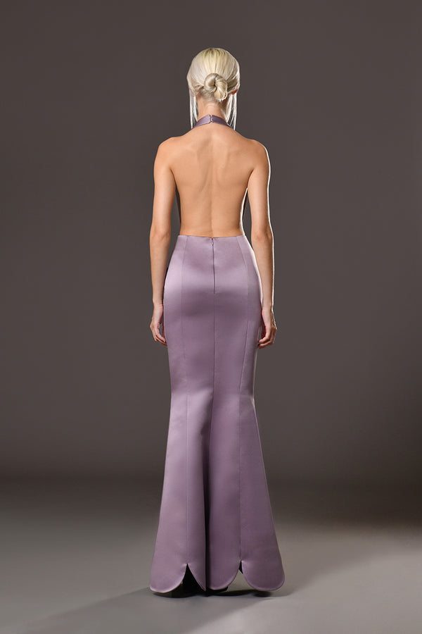 Backless purple silk satin radzimir mermaid dress with plunging V halter neck
