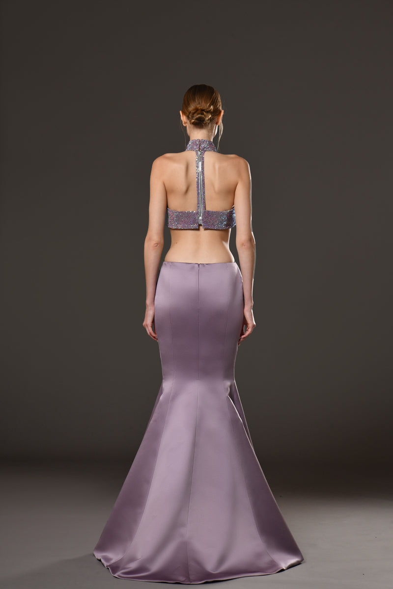 Silk satin radzimir mermaid dress with purple crystal chainmail on the bust and neckline