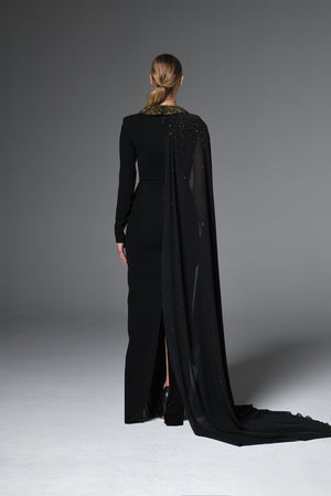 Black asymmetric crêpe dress with studded crystals and long side cape