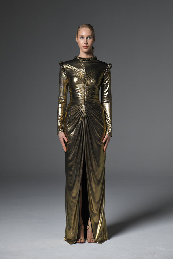 Gold shimmery jersey dress with crystal embellishments