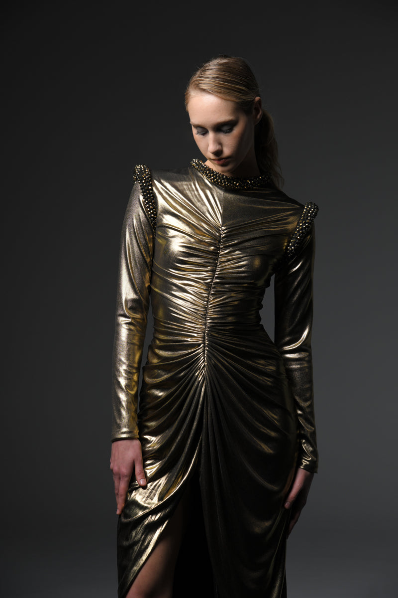Gold shimmery jersey dress with crystal embellishments
