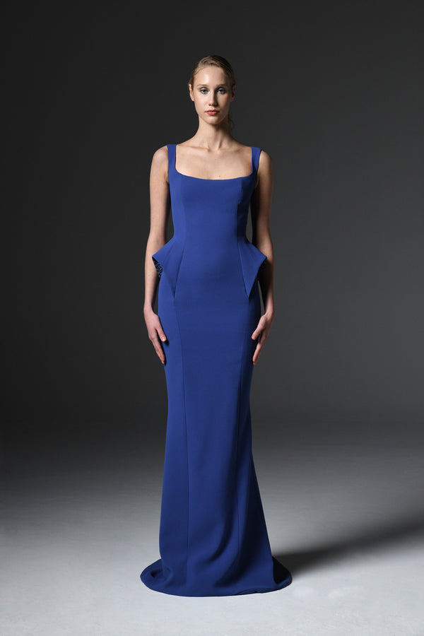 Dark blue crêpe sleeveless dress with detailing on the waist