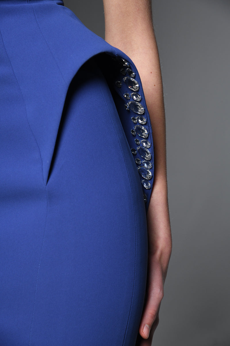 Dark blue crêpe dress with embroidered detailing on the waist
