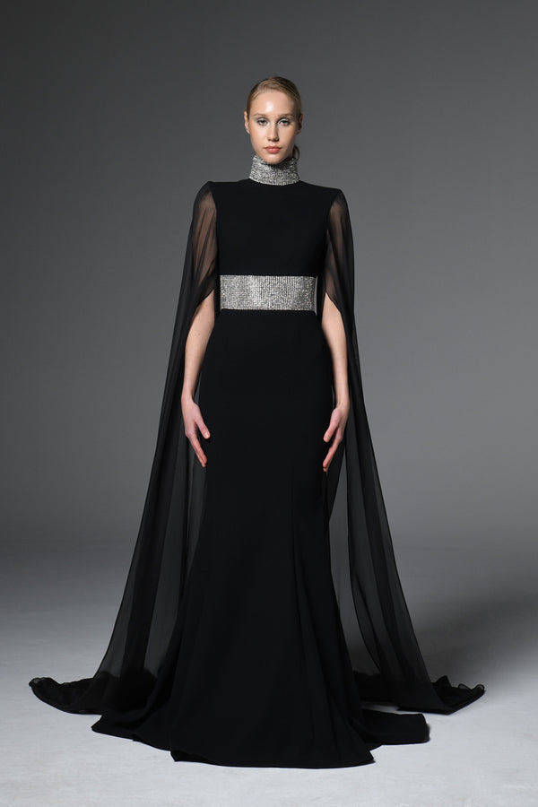 Black crêpe dress with chiffon sleeves and embellished crystals