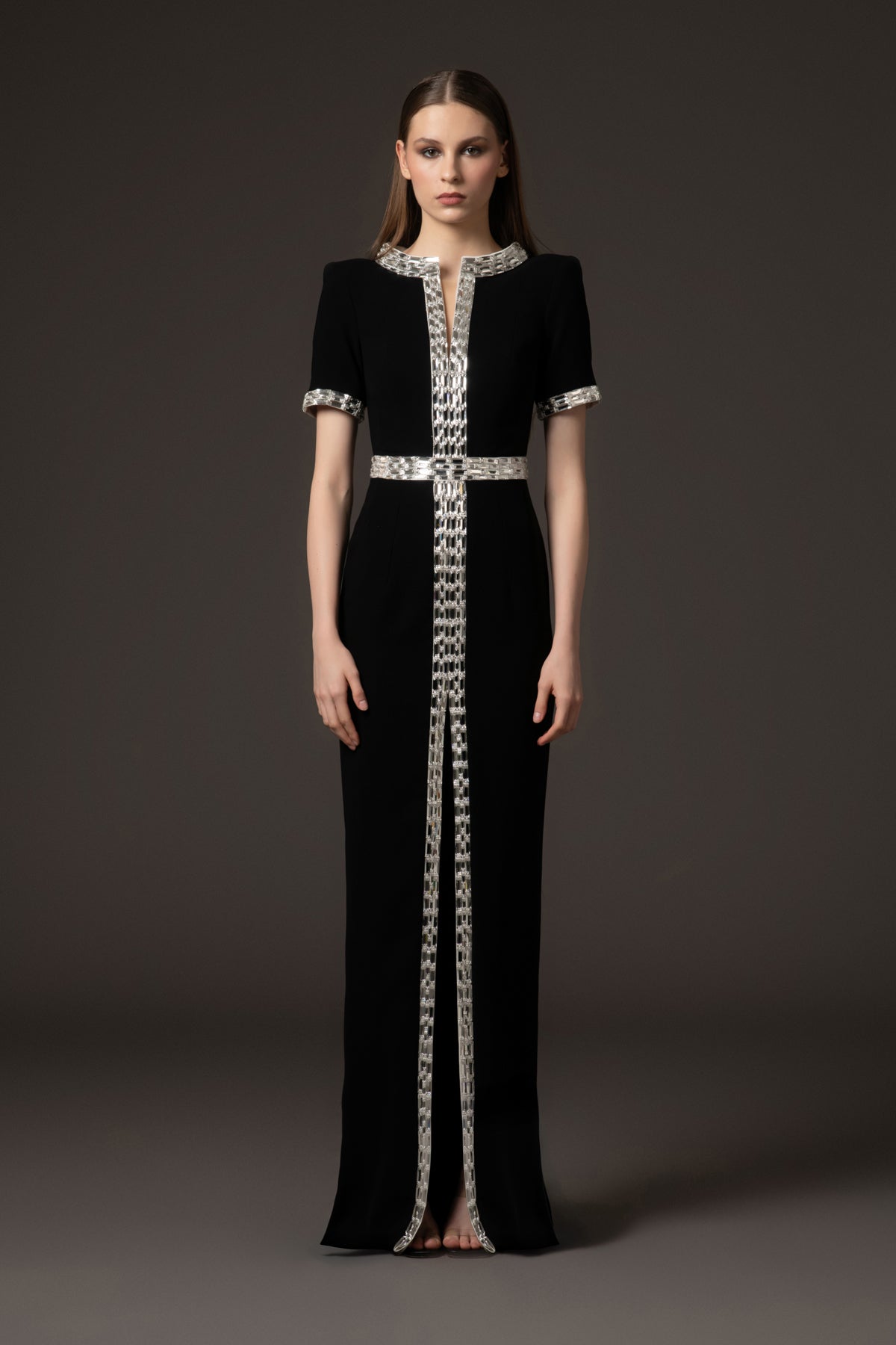 Black crêpe dress with baguette embroidery