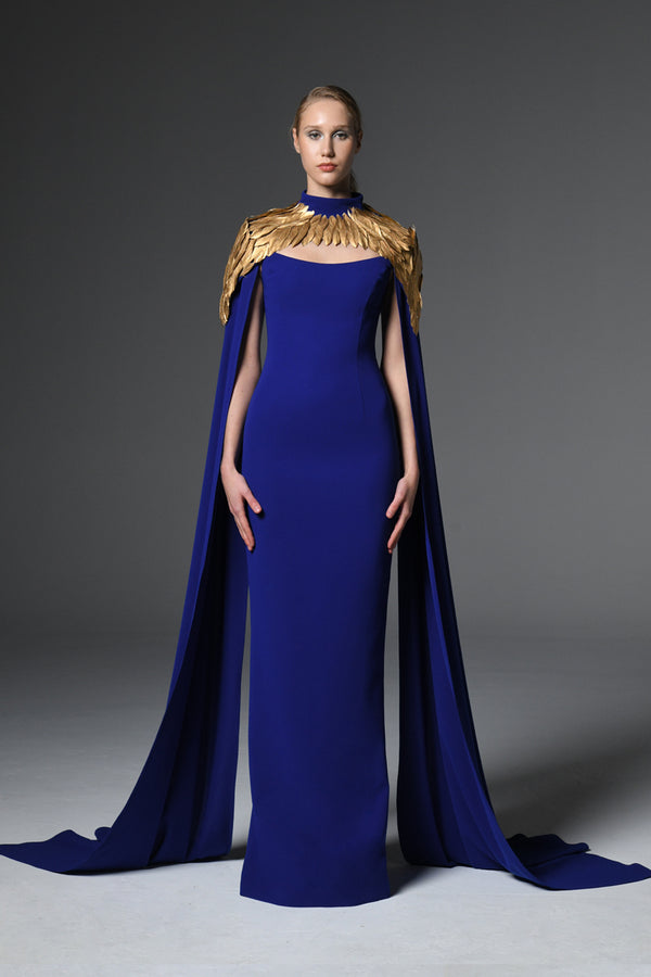 Royal blue crêpe dress with gold feathers