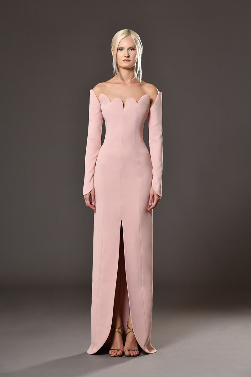 Pink crpe structured dress with petals detail neckline Pink crpe structured dress with petals detail neckline