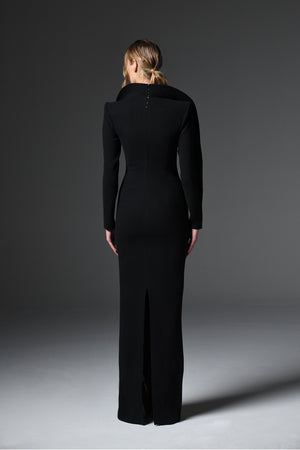Black crêpe dress with embroidered collar and long sleeves 