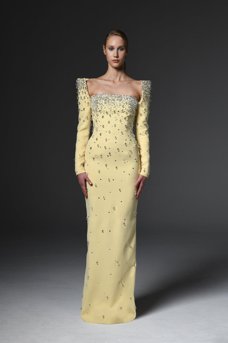 Fully embroidered yellow dress with structured sleeves Fully embroidered yellow dress with structured sleeves