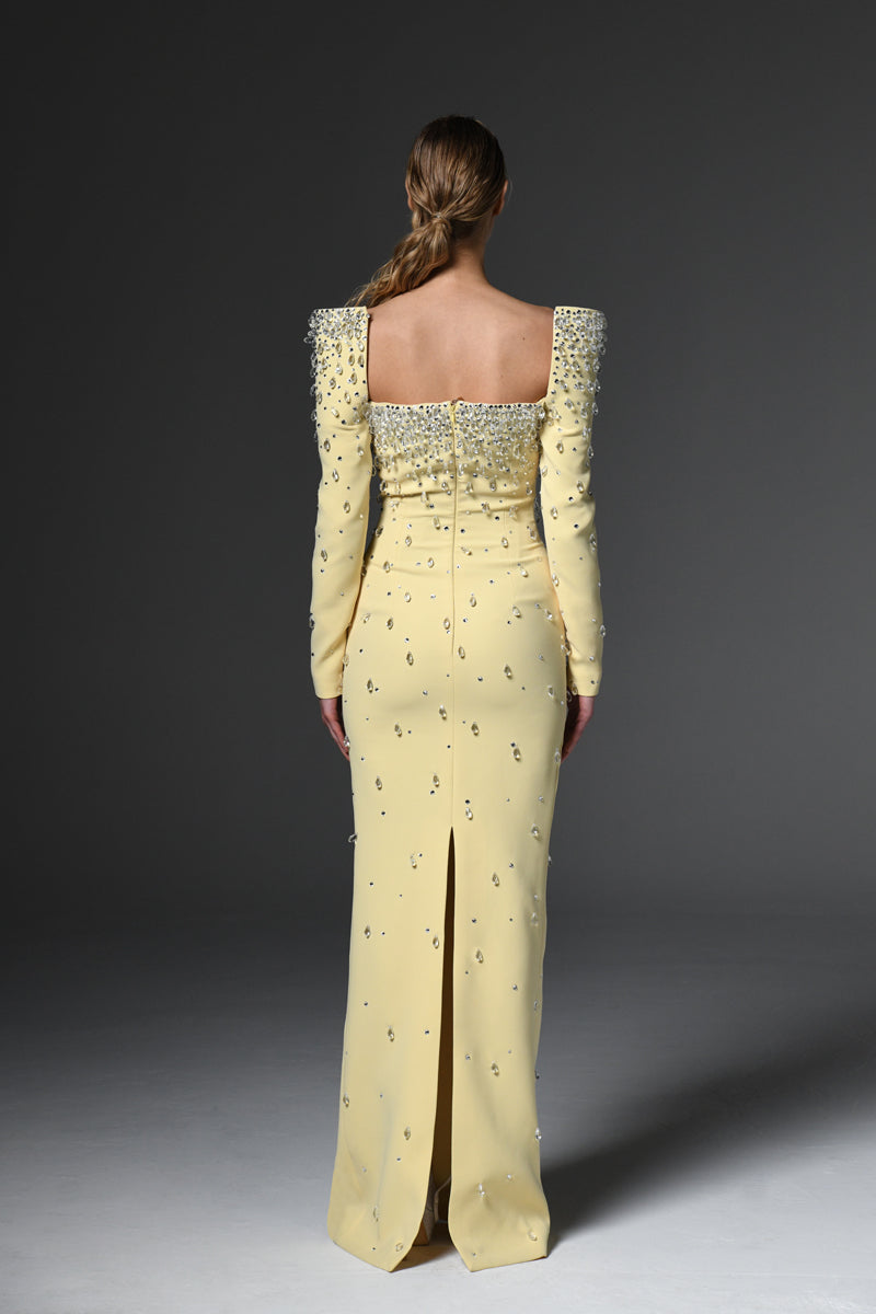 Fully embroidered yellow dress with structured sleeves