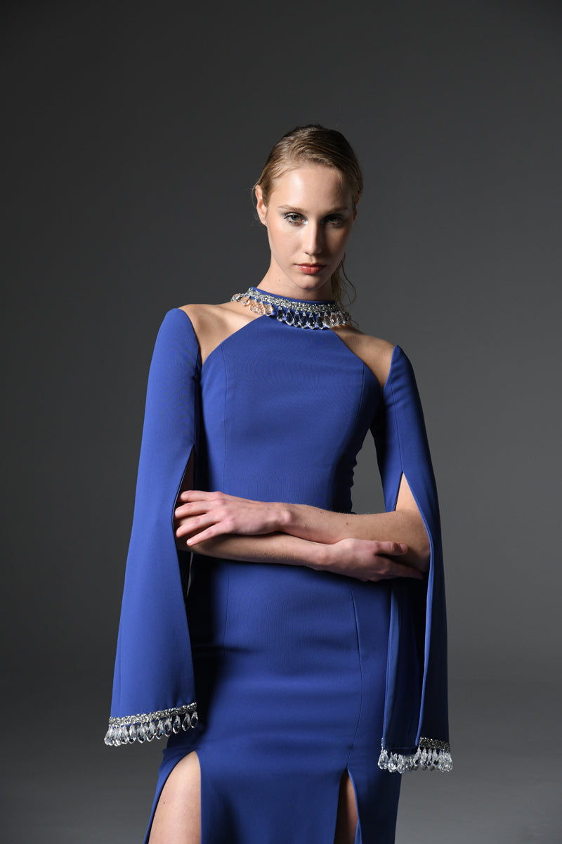 Dark blue crêpe dress with embellished crystals