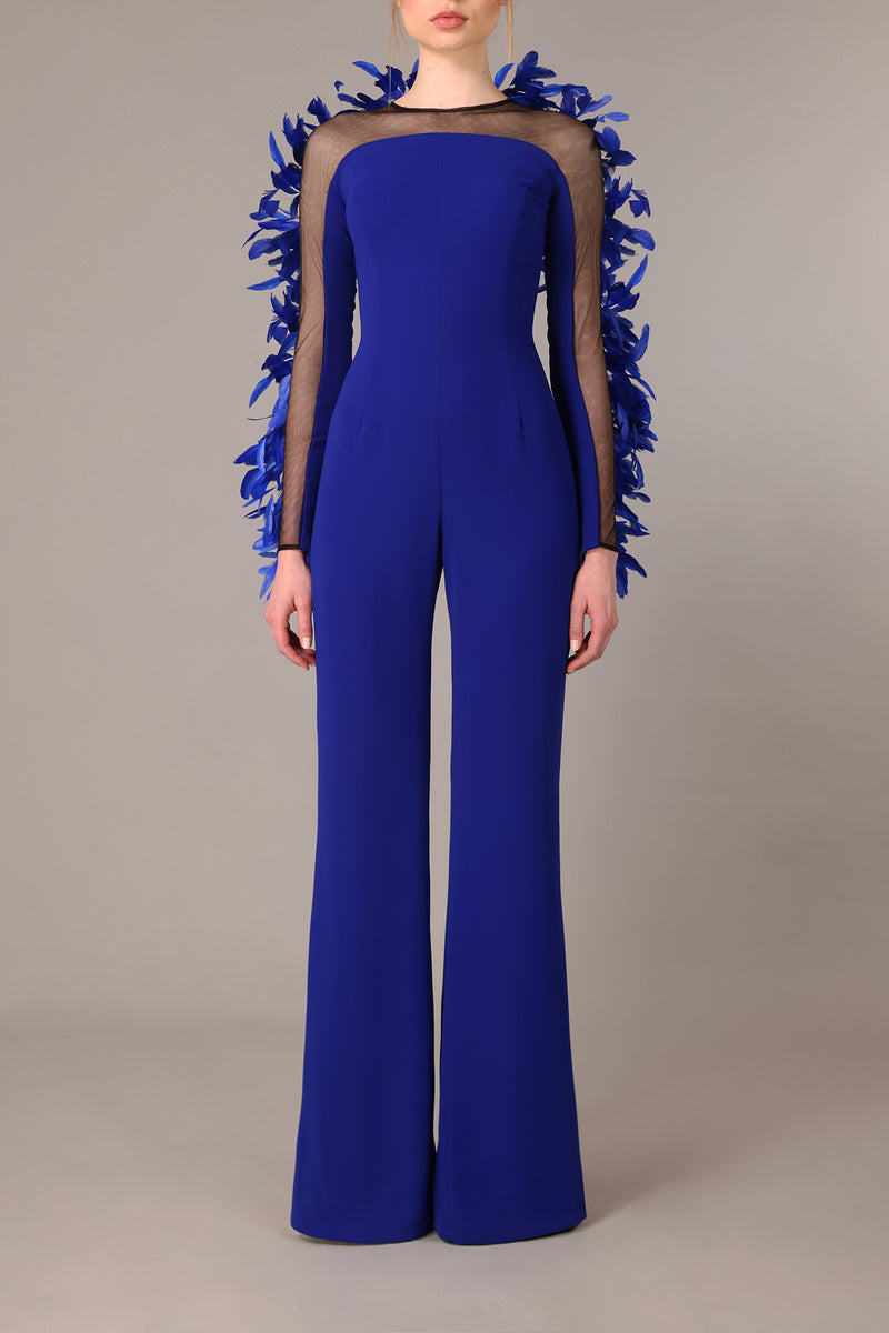 Feathered royal blue crêpe jumpsuit 
