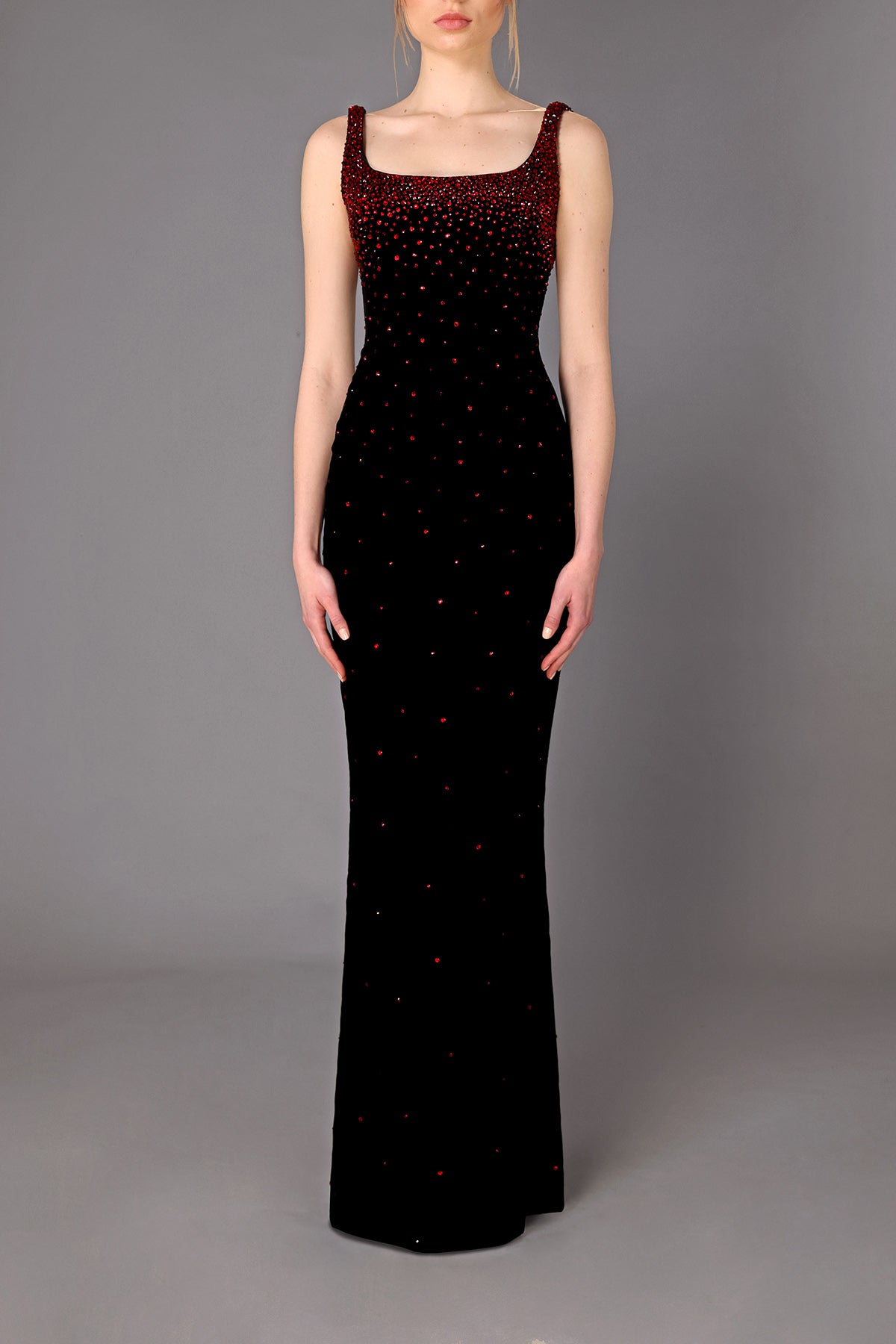 Black velvet dress with deep red stones