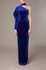 Fitted royal blue velvet dress with structured sleeve