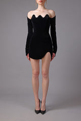 Strapless mini black velvet dress with waves structured neckline