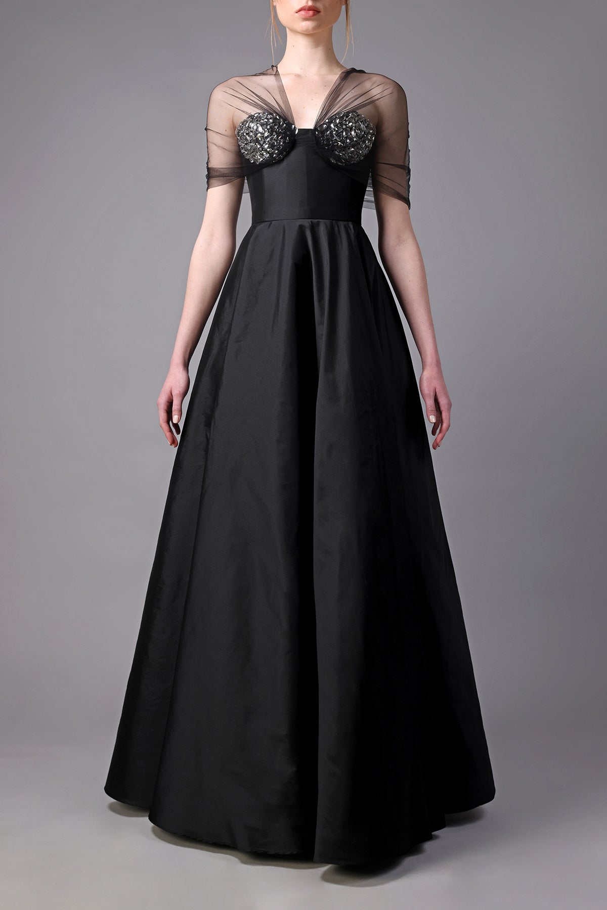 Black taffeta A-line dress with crystal embroidery on bust