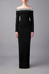 Fitted black dress with crystal baguettes neckline