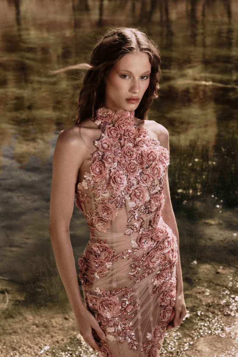 Halter neck embroidered tulle corseted dress