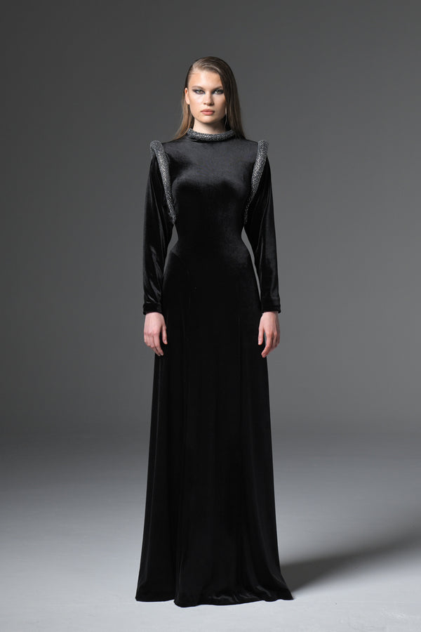 Black velvet long dress with crystal embellishments