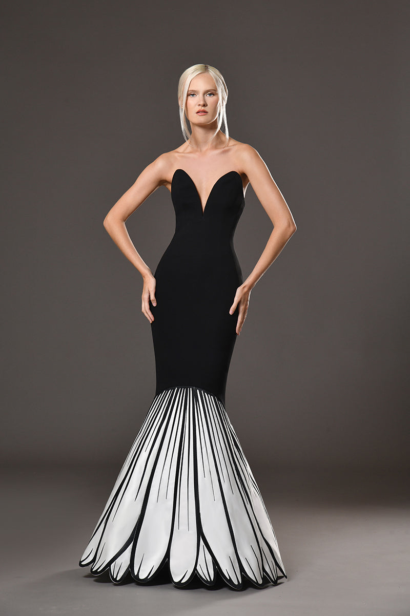 Black crêpe dress with thread embroidered daisy petals