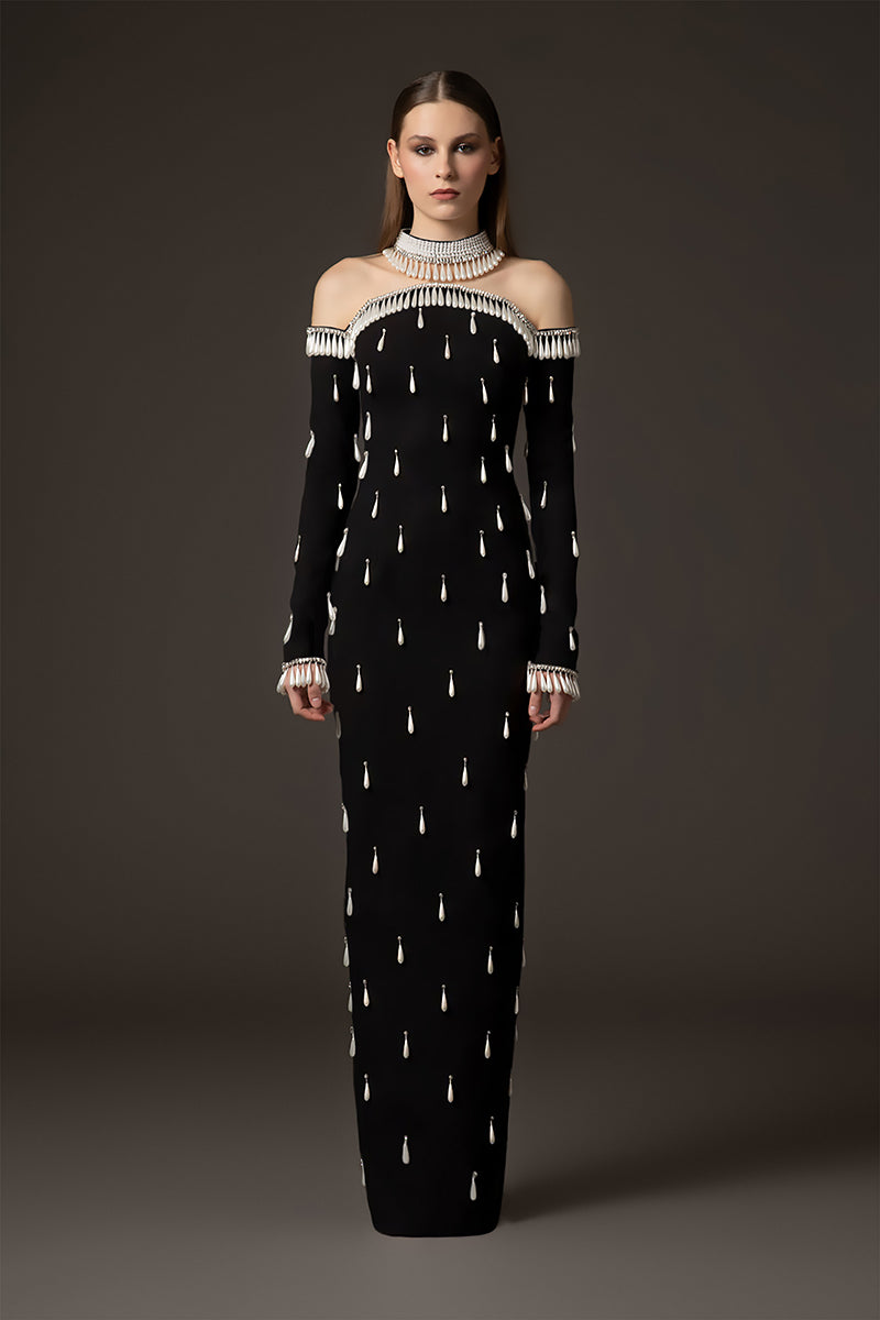 Black crêpe dress fully embroidered with crystals and pearls