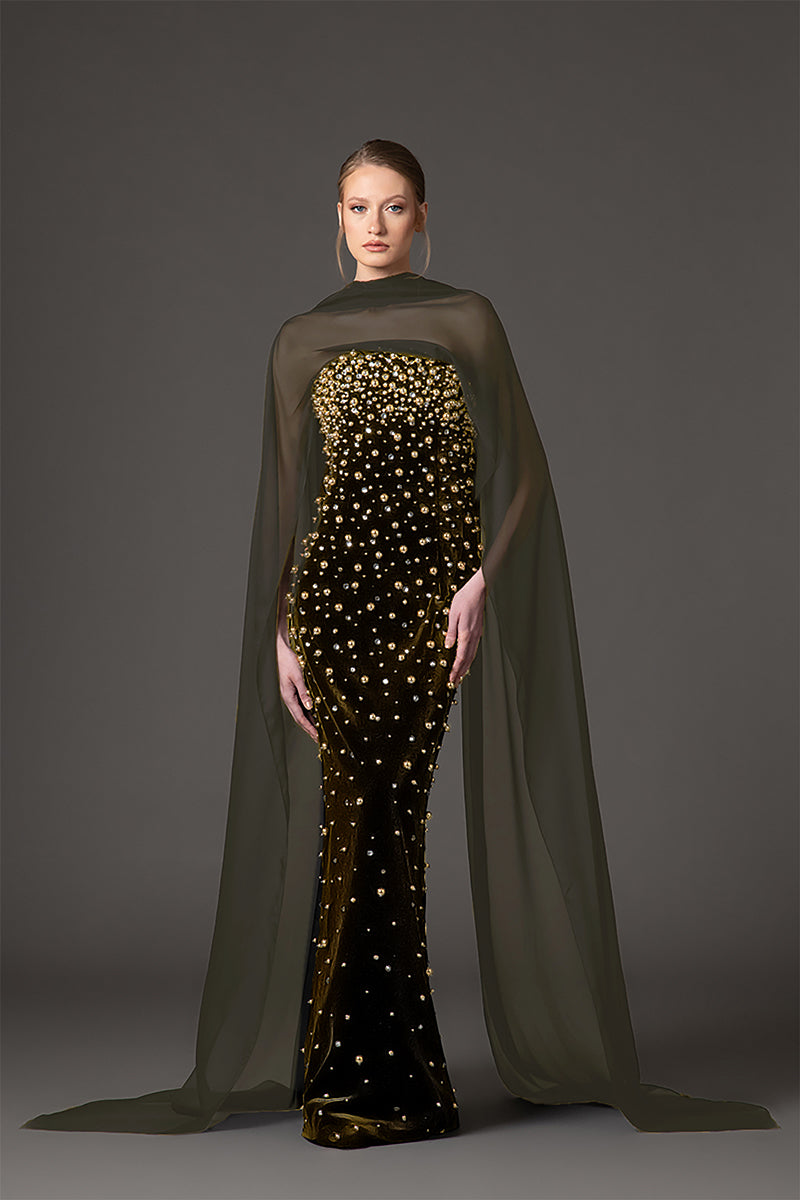 Velvet olive green dress with crystal and gold embroidery and a chiffon neck scarf
