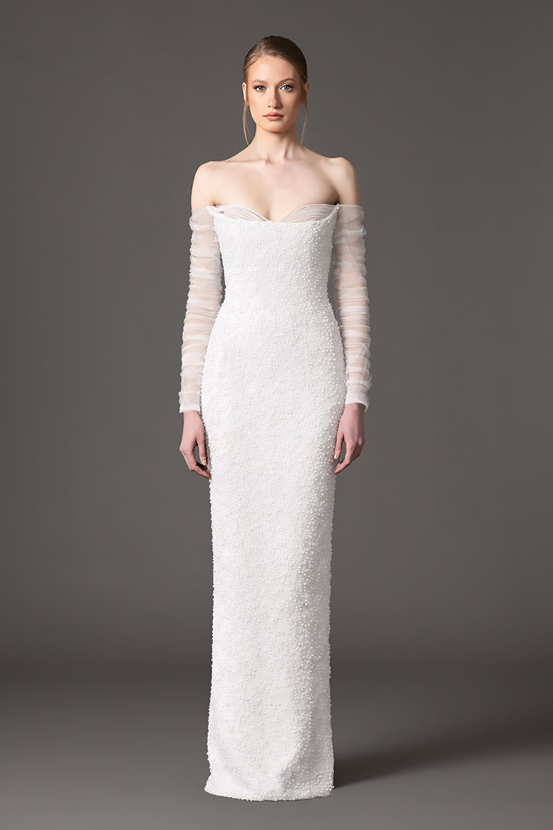 Off the shoulder embroidered white crêpe dress with tulle sleeves