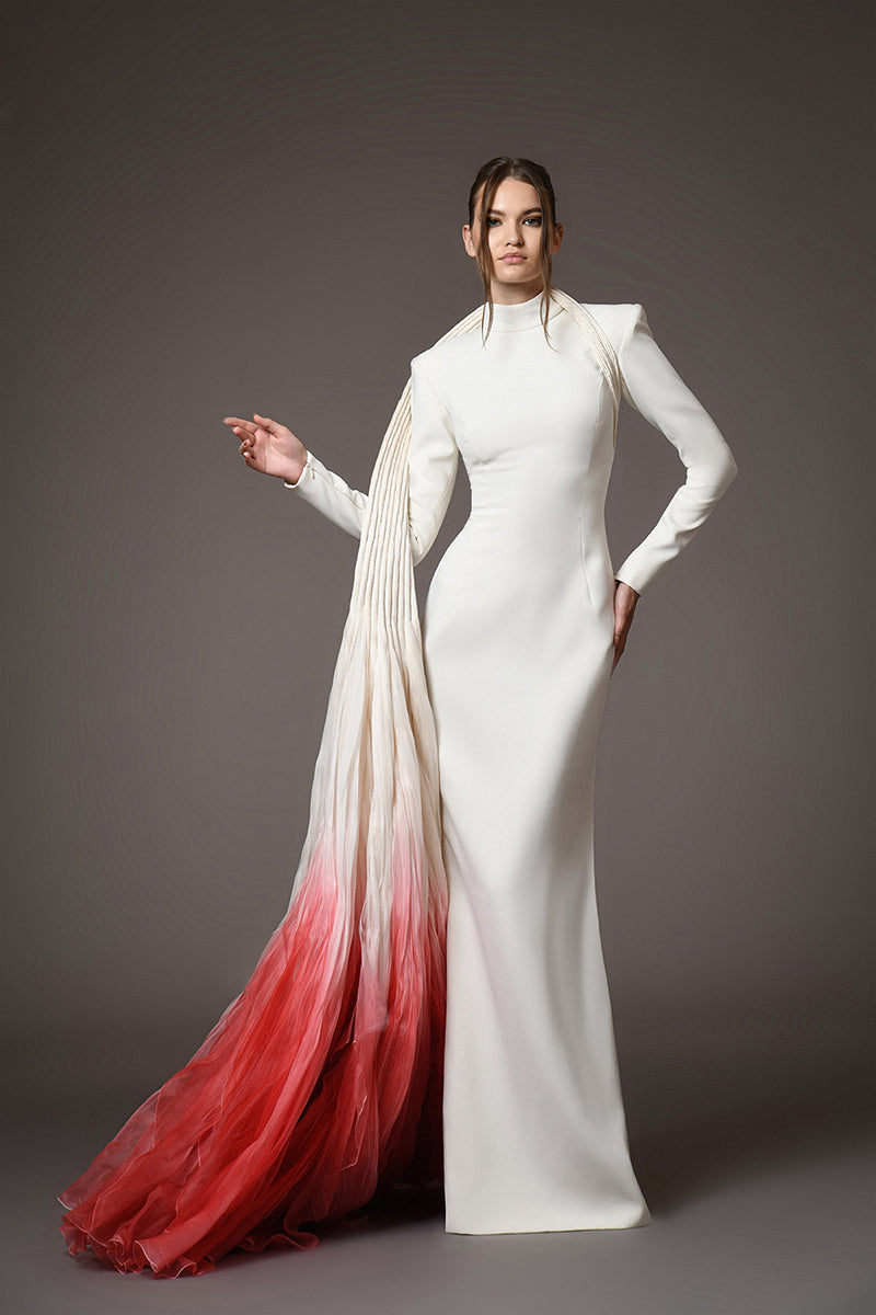 White crpe dress with a dramatic ombr organza White crpe dress with a dramatic ombr organza