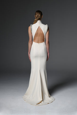  Ivory open-back crêpe dress with crystal embellishments