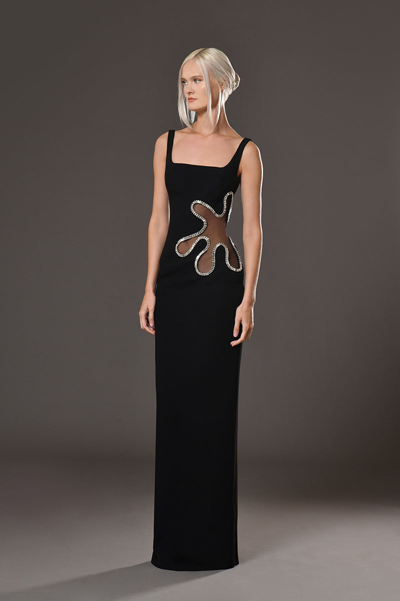 Black crêpe dress with crystal embroidery on the waist