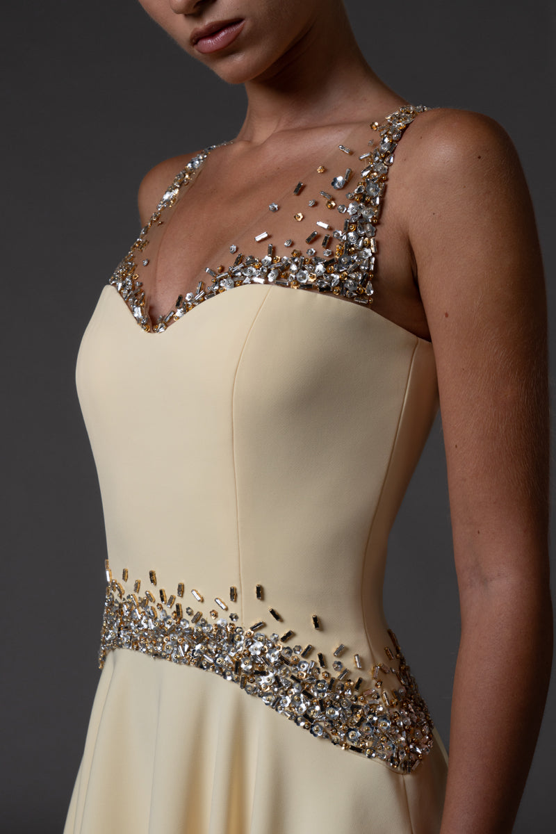 A-line yellow crêpe dress with embroidered neckline and waistline