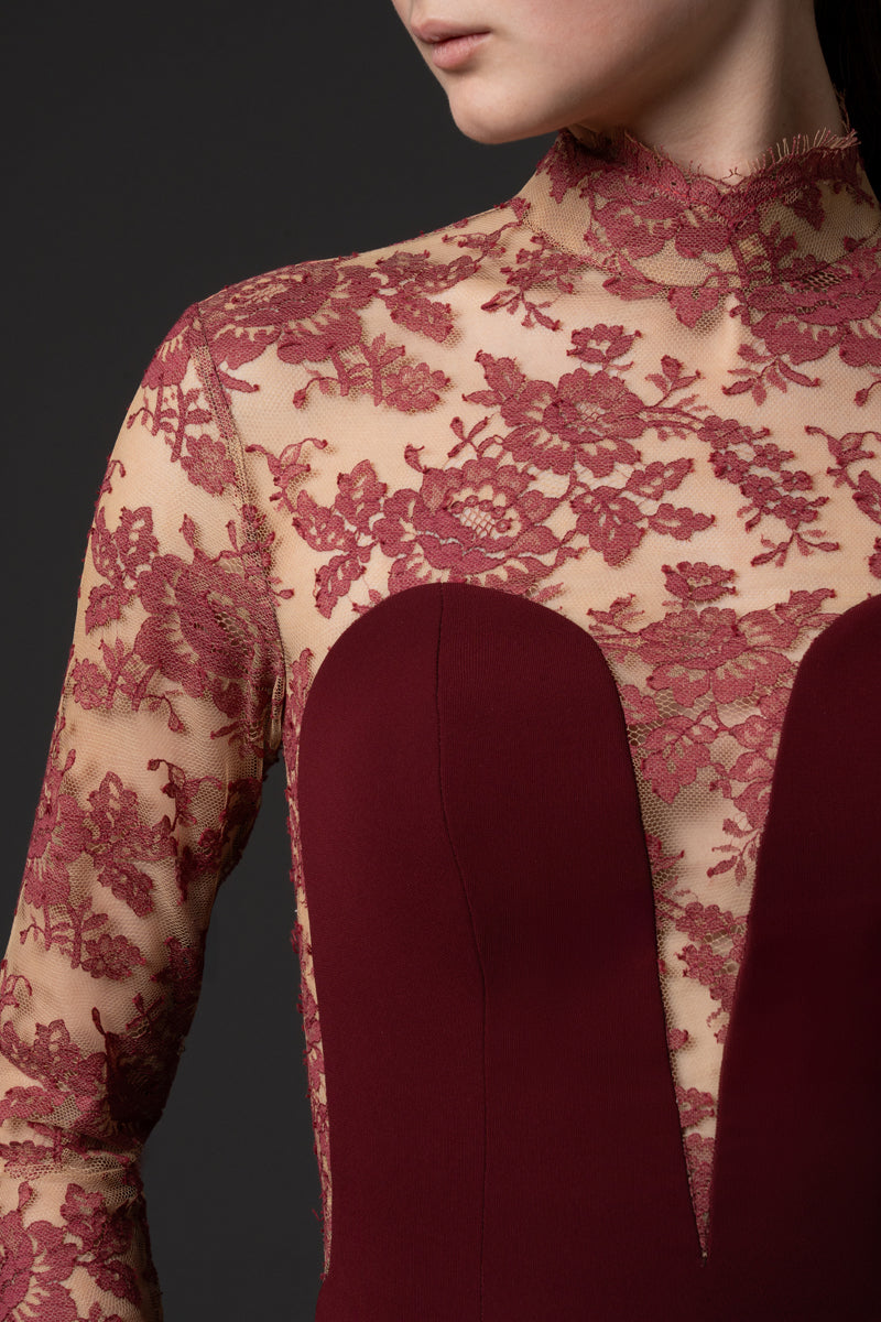 Crêpe gown with lace bodice and side cutouts