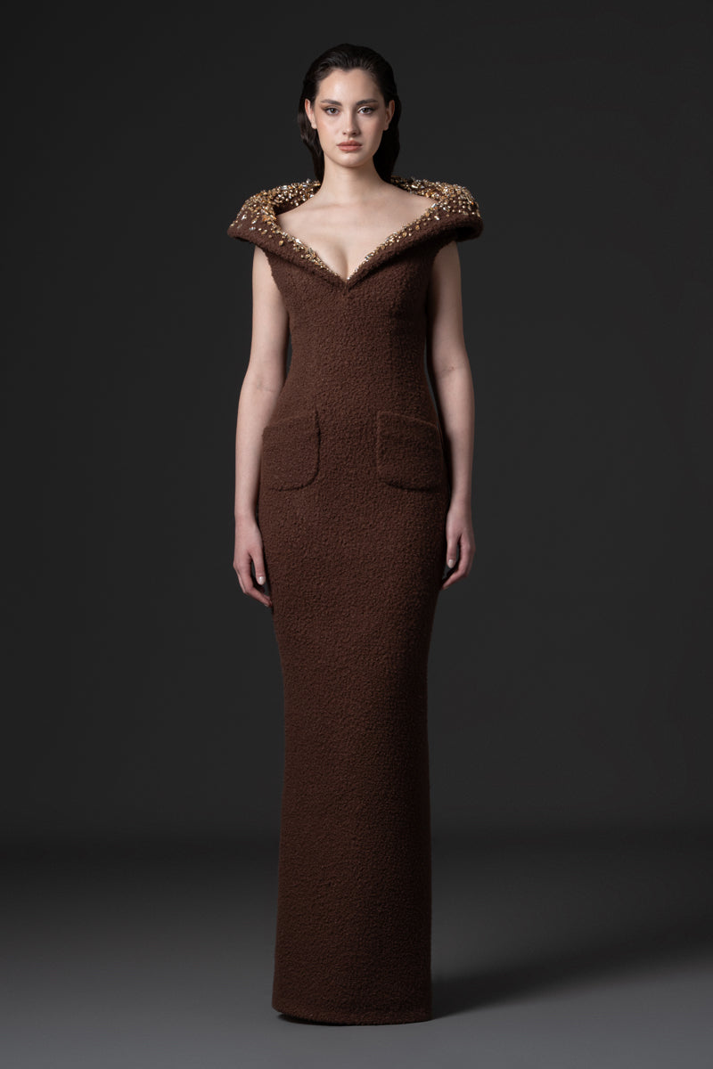 A fitted bouclé dress with beaded statement collar.