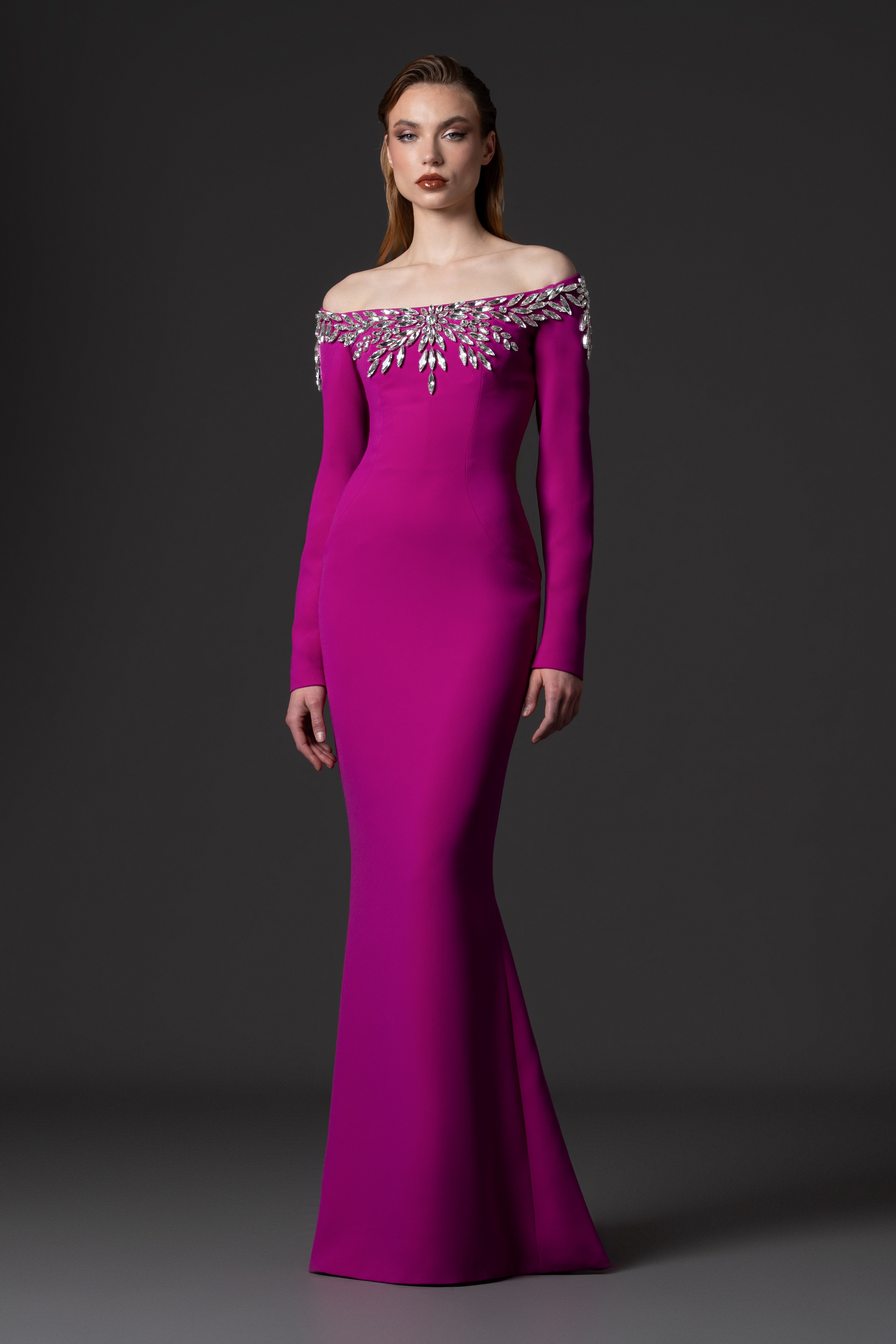 A fitted crêpe dress with an off-the-shoulder neckline detailed with crystal embroidery