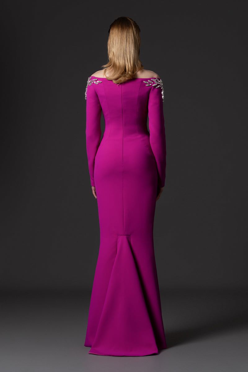A fitted crêpe dress with an off-the-shoulder neckline detailed with crystal embroidery