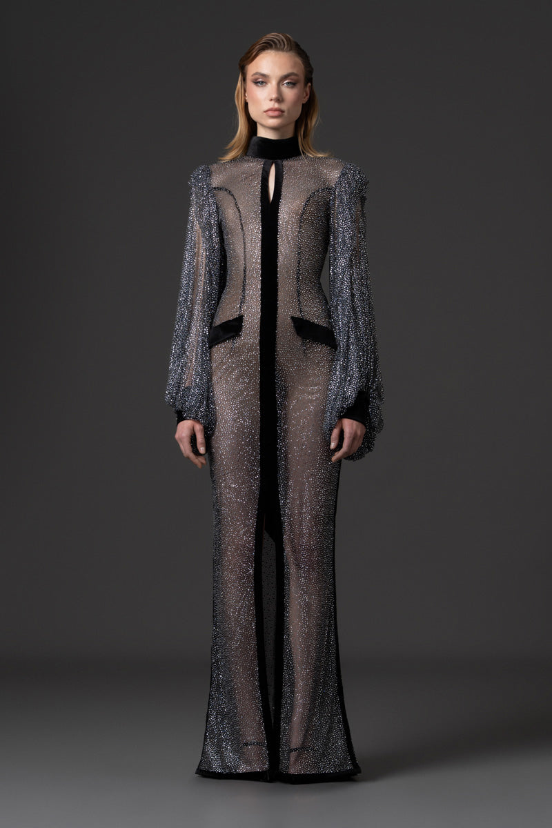 A fitted gown with a high neckline, sheer embroidered tulle, and puffed sleeves