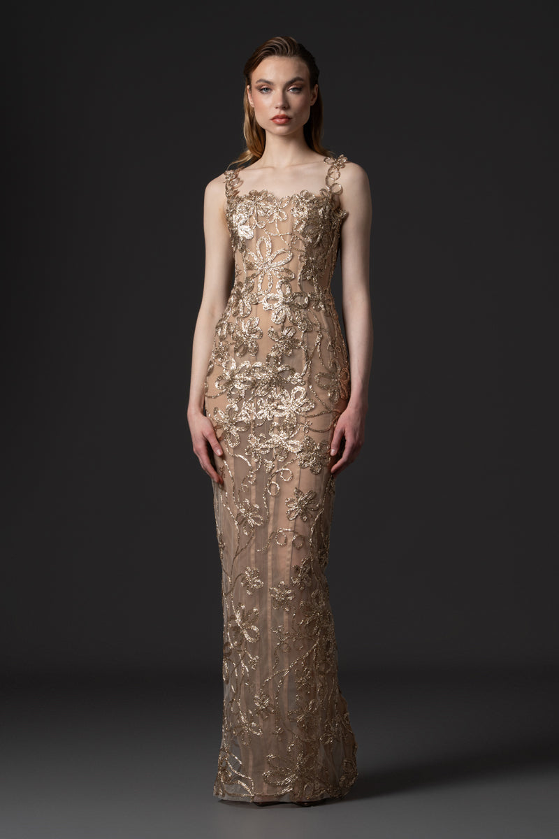 A fitted raffia embroidered corseted dress