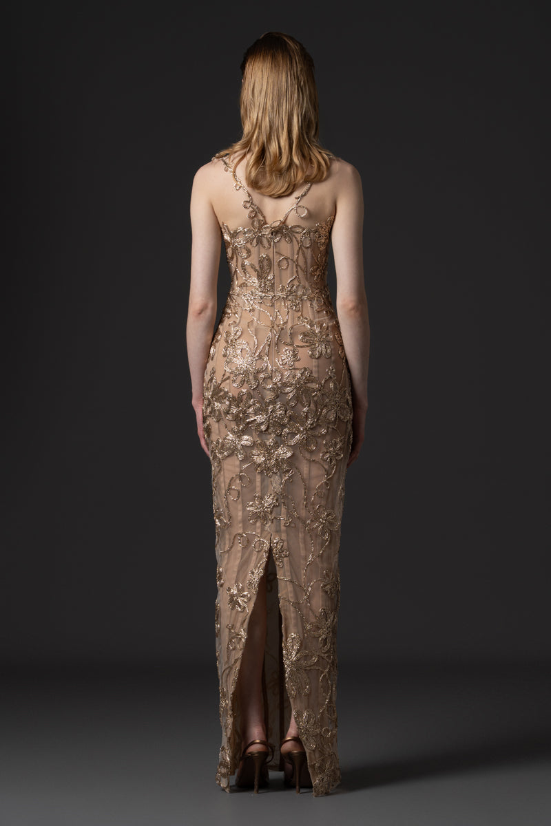 A fitted raffia embroidered corseted dress