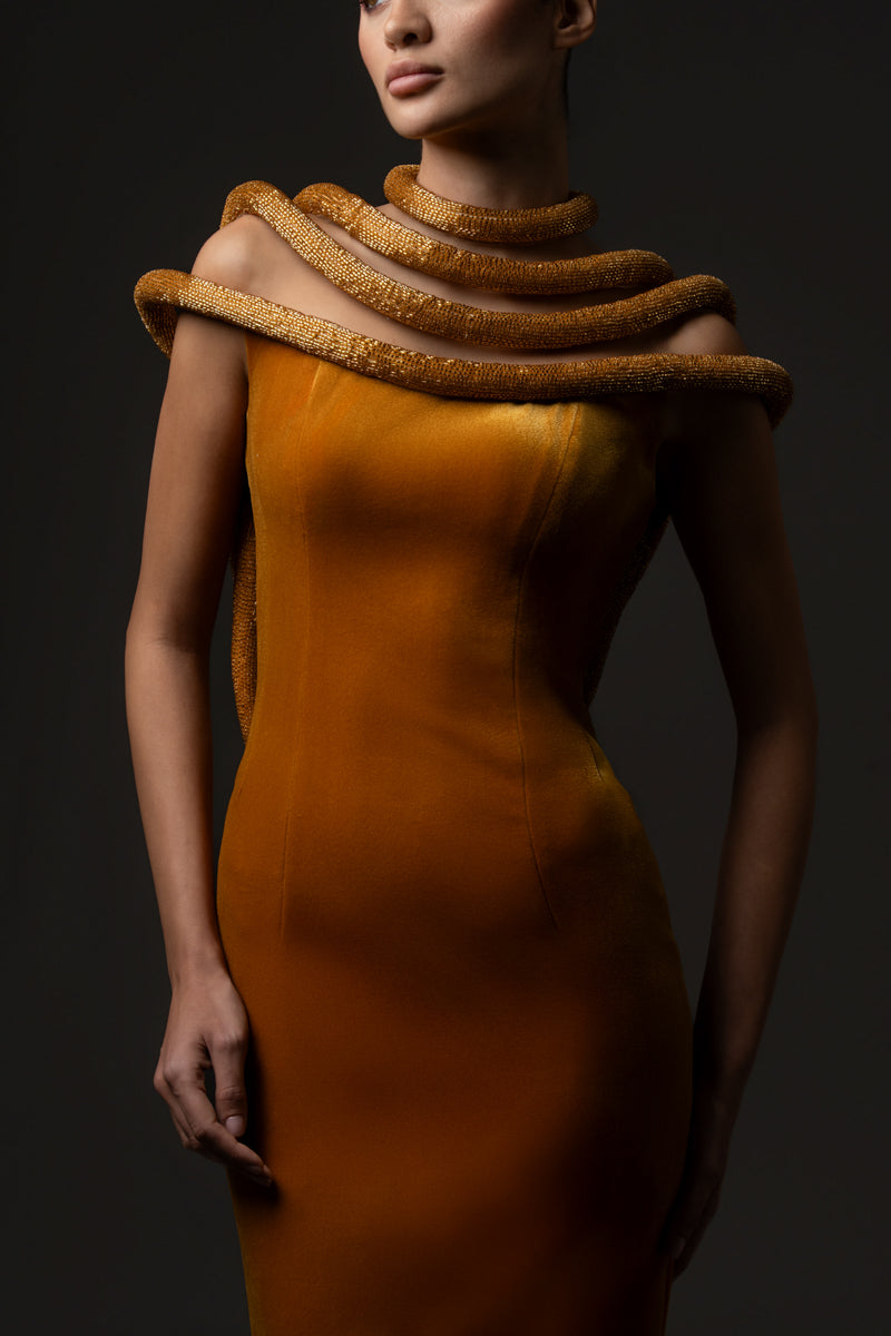 Velvet dress featuring a plunging neckline detailed with embroidered-hoop bust